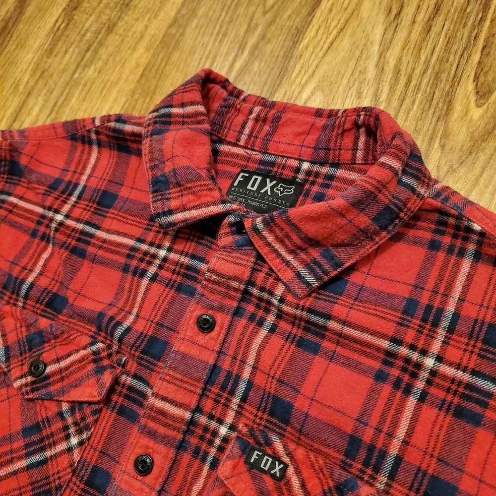 Fox Racing Flannel Shirt Men Medium‎ Red Blue Plaid Long Sleeve Heritage Forged